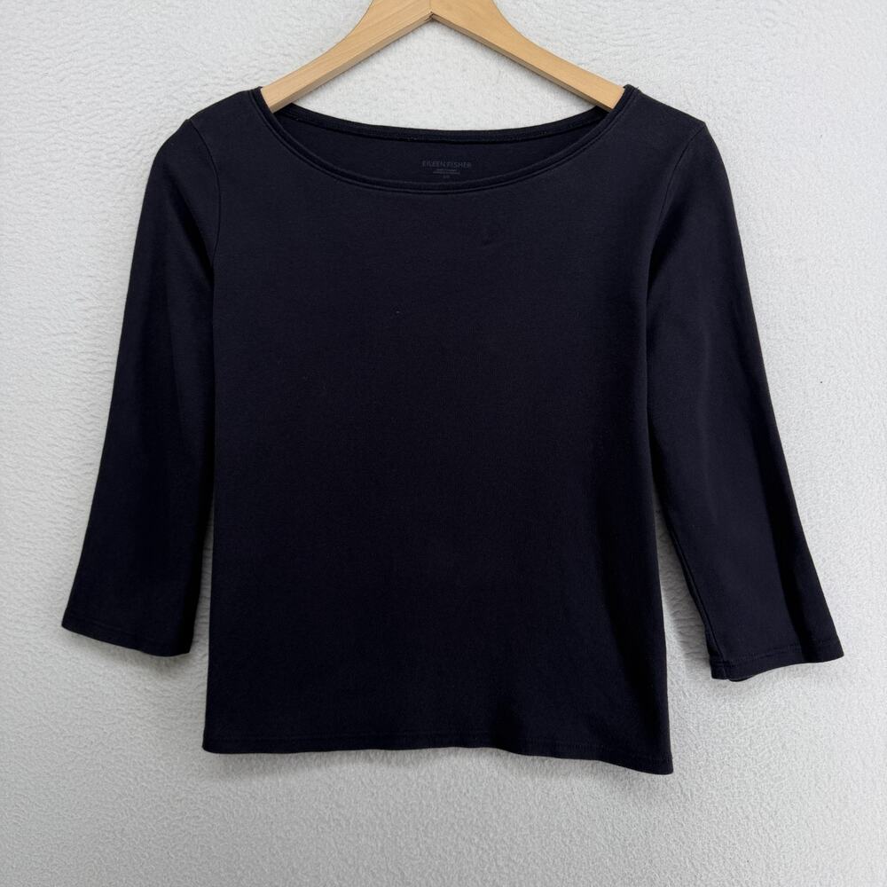 EILEEN FISHER Top S Organic Cotton Interlock Jersey Boat Neck Washed Blue